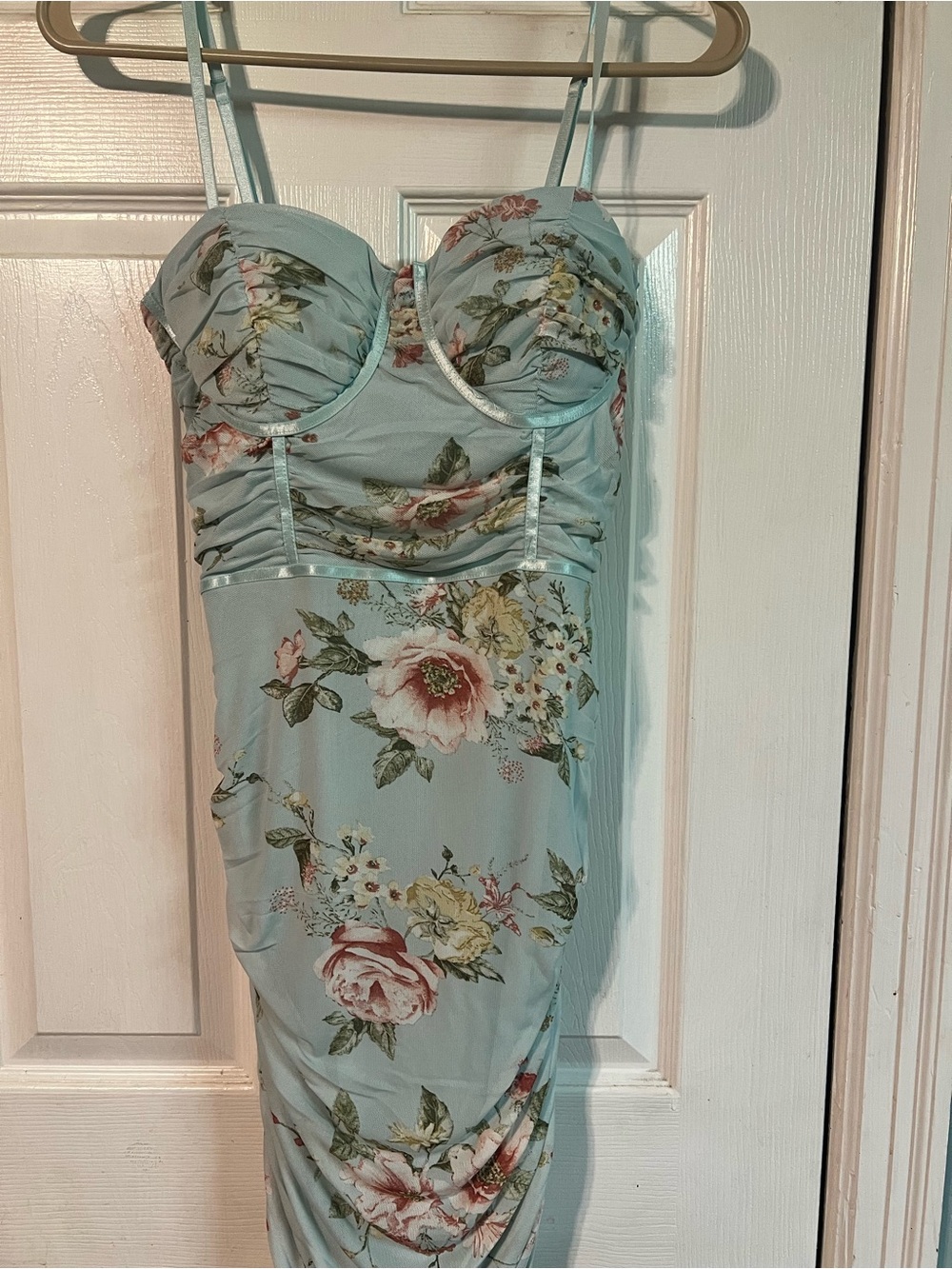 Fashion Nova Mint Floral Ruched Bust Midi Dress